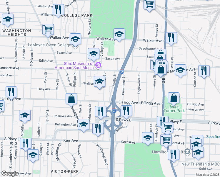 map of restaurants, bars, coffee shops, grocery stores, and more near 1227 Azalia Street in Memphis