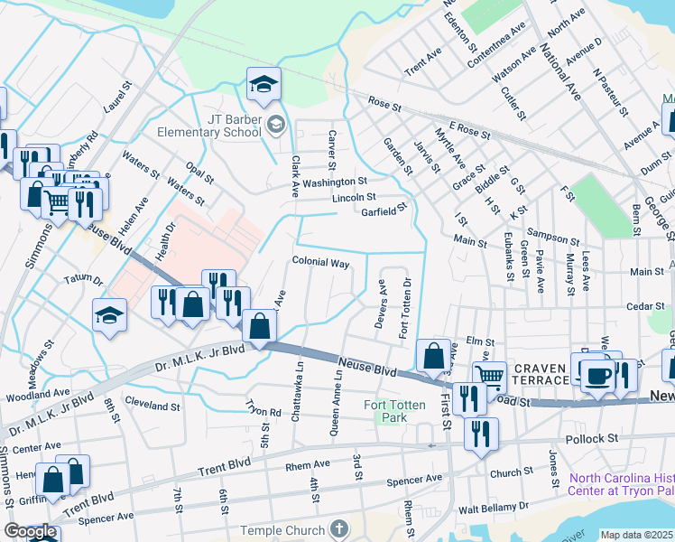 map of restaurants, bars, coffee shops, grocery stores, and more near 1605 Colonial Way in New Bern