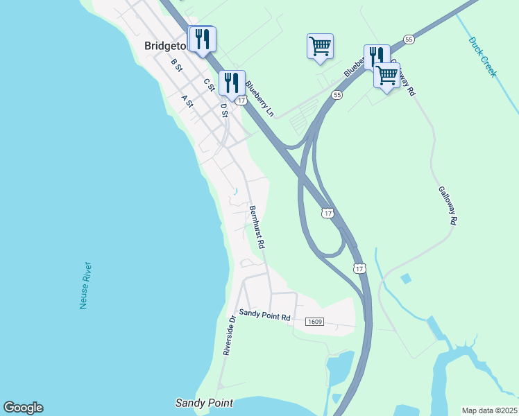 map of restaurants, bars, coffee shops, grocery stores, and more near 118 Bernhurst Road in New Bern