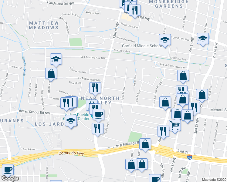 map of restaurants, bars, coffee shops, grocery stores, and more near 1030 La Poblana Road Northwest in Albuquerque