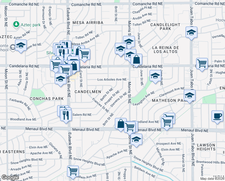 map of restaurants, bars, coffee shops, grocery stores, and more near 10224 Betts Street Northeast in Albuquerque