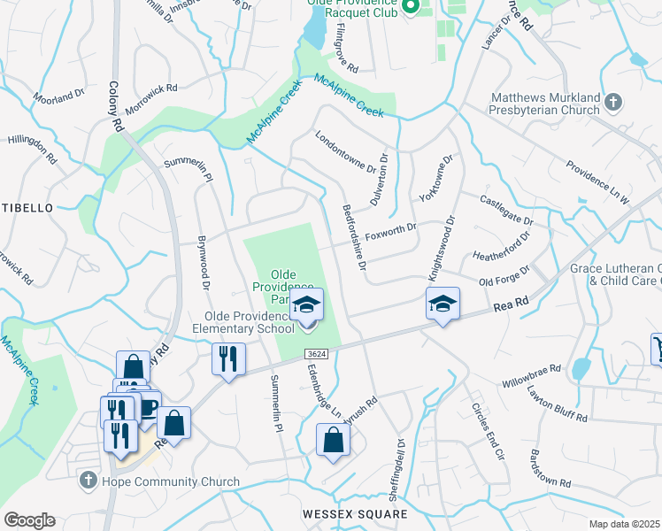map of restaurants, bars, coffee shops, grocery stores, and more near 6818 Windyrush Road in Charlotte