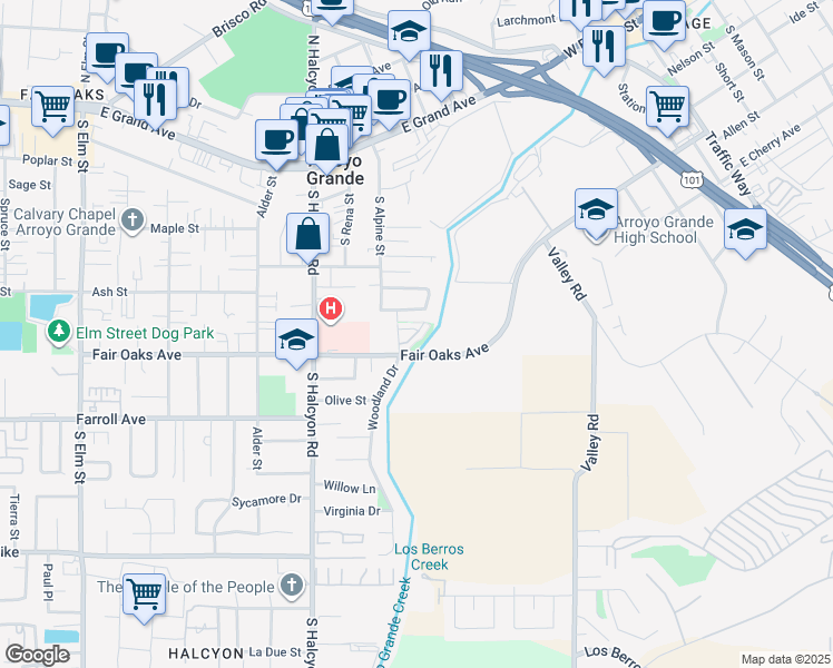 map of restaurants, bars, coffee shops, grocery stores, and more near 303 Creekview Way in Arroyo Grande