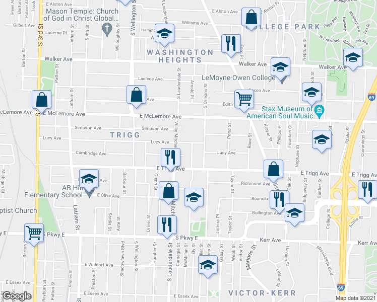 map of restaurants, bars, coffee shops, grocery stores, and more near 1239 Marksman Street in Memphis