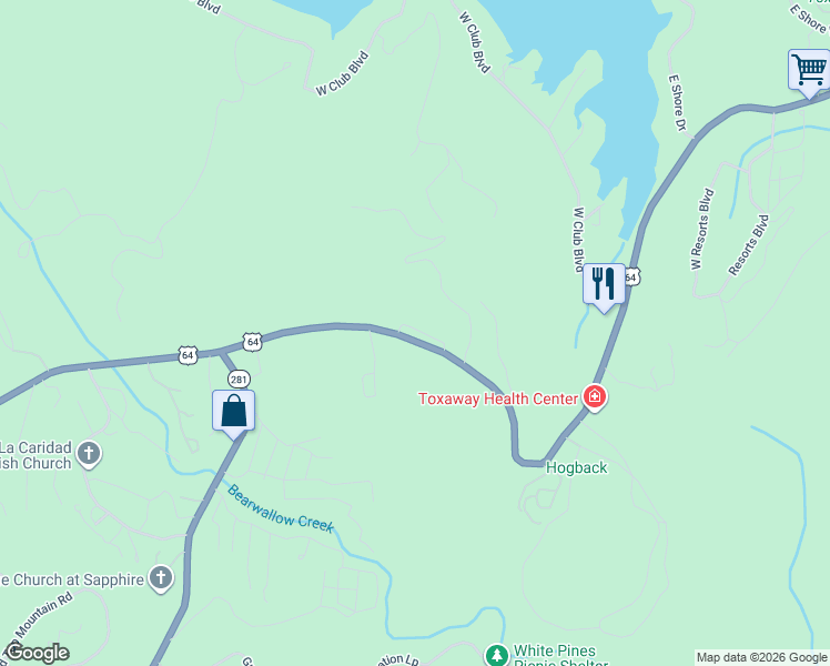 map of restaurants, bars, coffee shops, grocery stores, and more near 17450 Rosman Highway in Lake Toxaway