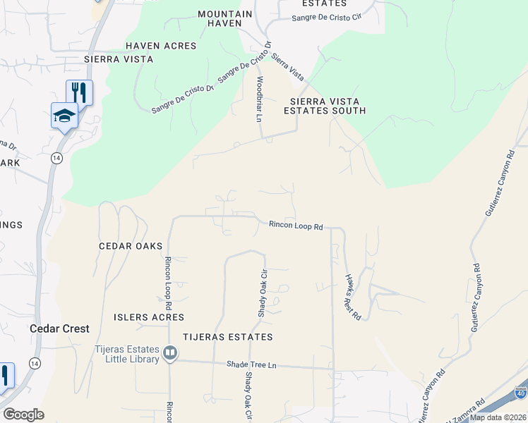 map of restaurants, bars, coffee shops, grocery stores, and more near 121 Rincon Loop Road in Cedar Crest