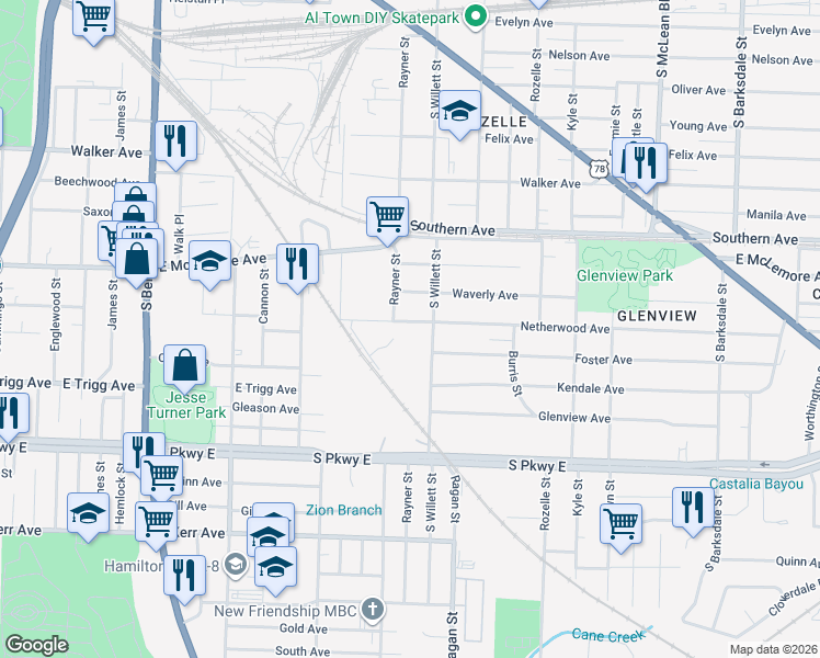 map of restaurants, bars, coffee shops, grocery stores, and more near 1511 Netherwood Avenue in Memphis