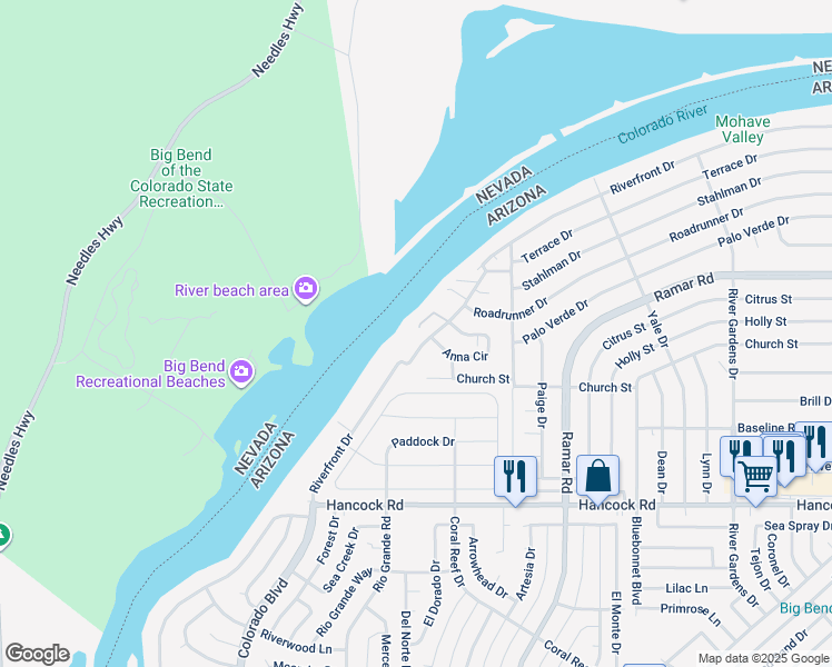 map of restaurants, bars, coffee shops, grocery stores, and more near 393 Riverfront Drive in Bullhead City