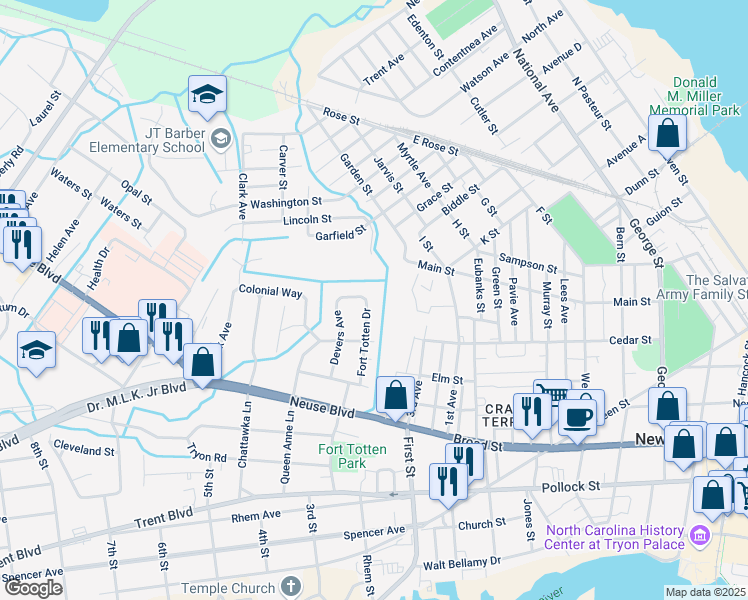 map of restaurants, bars, coffee shops, grocery stores, and more near 916 Fort Totten Drive in New Bern