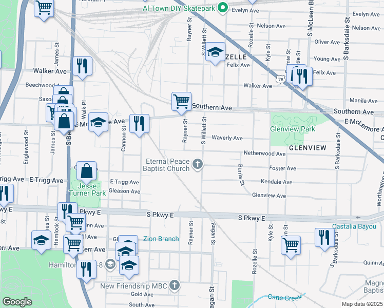 map of restaurants, bars, coffee shops, grocery stores, and more near 1511 Netherwood Avenue in Memphis