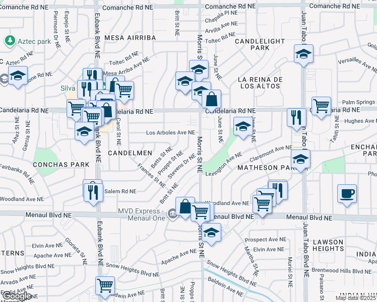 map of restaurants, bars, coffee shops, grocery stores, and more near 10234 Propps Street Northeast in Albuquerque