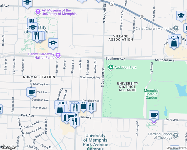 map of restaurants, bars, coffee shops, grocery stores, and more near 655 Watson Street in Memphis