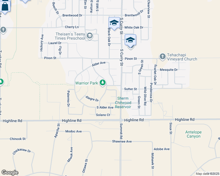 map of restaurants, bars, coffee shops, grocery stores, and more near 233 Carmelita Lane in Tehachapi