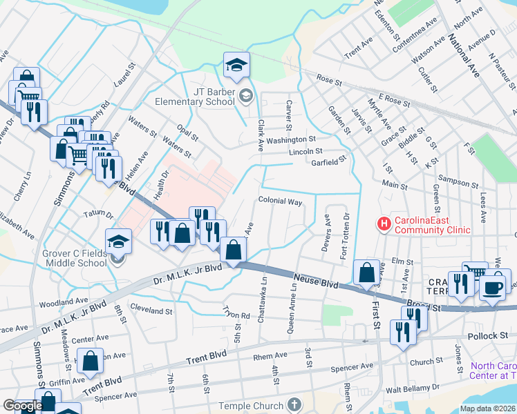 map of restaurants, bars, coffee shops, grocery stores, and more near 830 Clark Avenue in New Bern