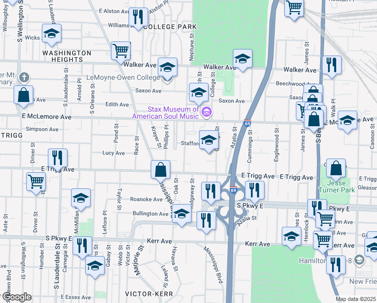 map of restaurants, bars, coffee shops, grocery stores, and more near 1228 Neptune Street in Memphis