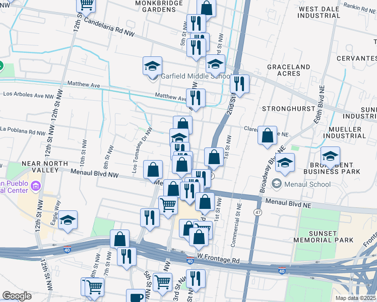 map of restaurants, bars, coffee shops, grocery stores, and more near 304 Phoenix Avenue Northwest in Albuquerque
