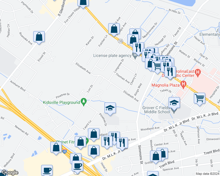 map of restaurants, bars, coffee shops, grocery stores, and more near 904 Lynn Street in New Bern