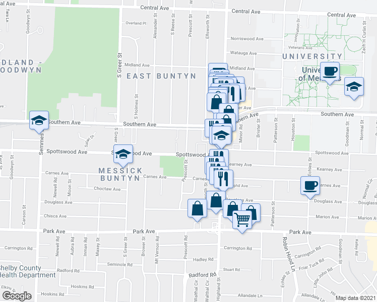 map of restaurants, bars, coffee shops, grocery stores, and more near 3408 Spottswood Avenue in Memphis
