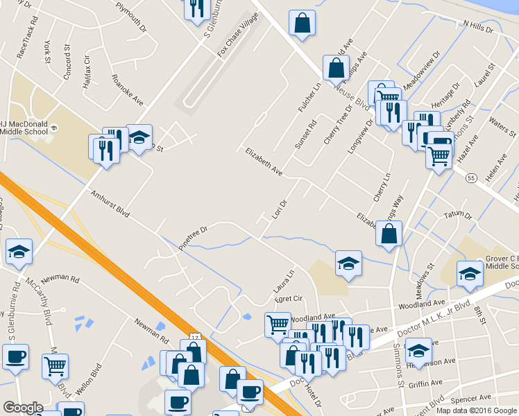 map of restaurants, bars, coffee shops, grocery stores, and more near 914 Dickinson Court in New Bern