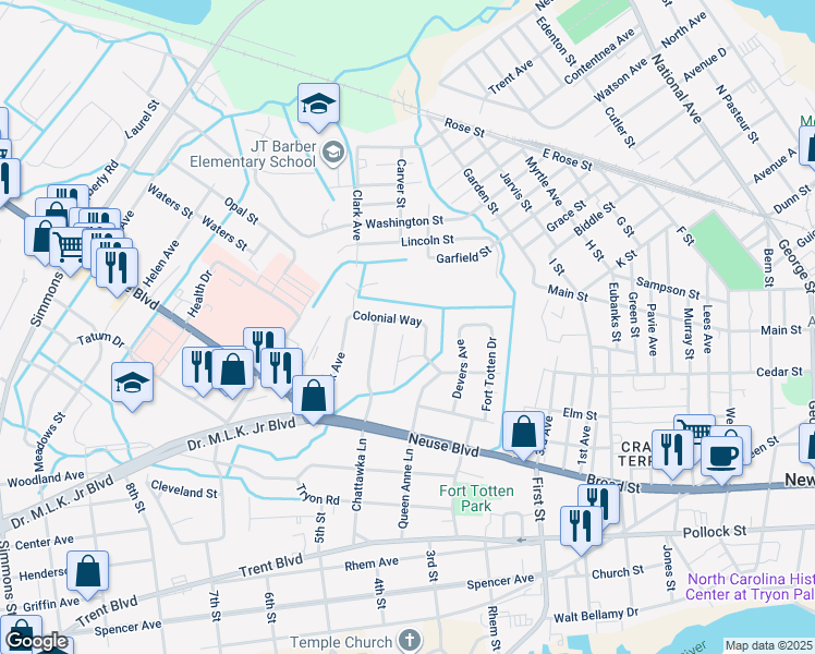 map of restaurants, bars, coffee shops, grocery stores, and more near 1605 Colonial Way in New Bern