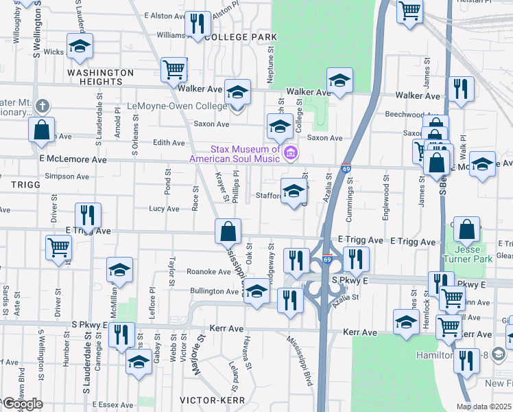 map of restaurants, bars, coffee shops, grocery stores, and more near 1228 Neptune Street in Memphis