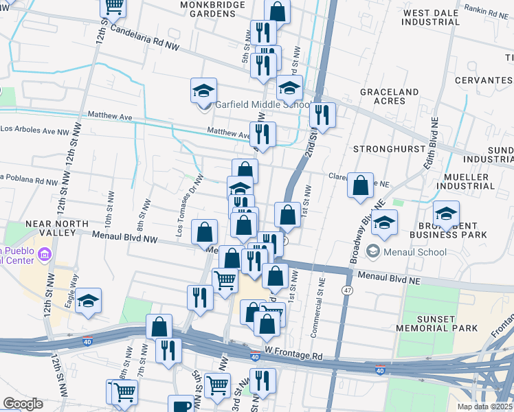 map of restaurants, bars, coffee shops, grocery stores, and more near 304 Phoenix Avenue Northwest in Albuquerque