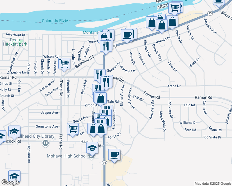 map of restaurants, bars, coffee shops, grocery stores, and more near 1565 Turquoise Road in Bullhead City