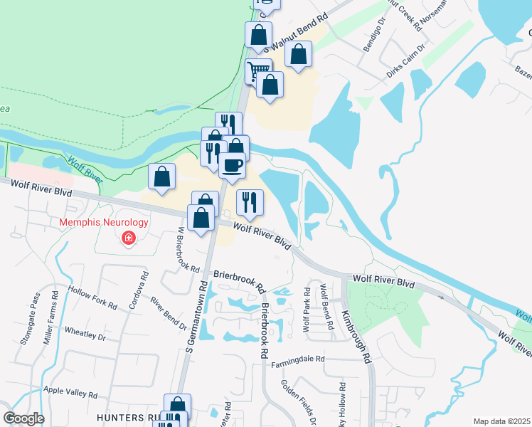 map of restaurants, bars, coffee shops, grocery stores, and more near 7910 Wolf River Boulevard in Germantown