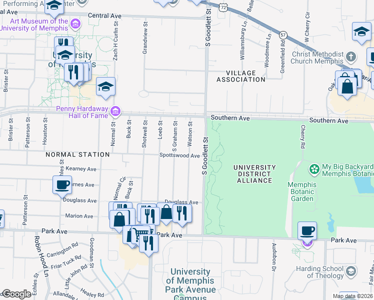 map of restaurants, bars, coffee shops, grocery stores, and more near 655 Watson Street in Memphis