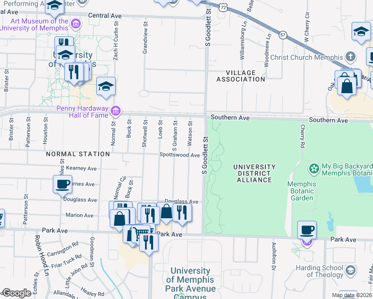 map of restaurants, bars, coffee shops, grocery stores, and more near 655 Watson Street in Memphis