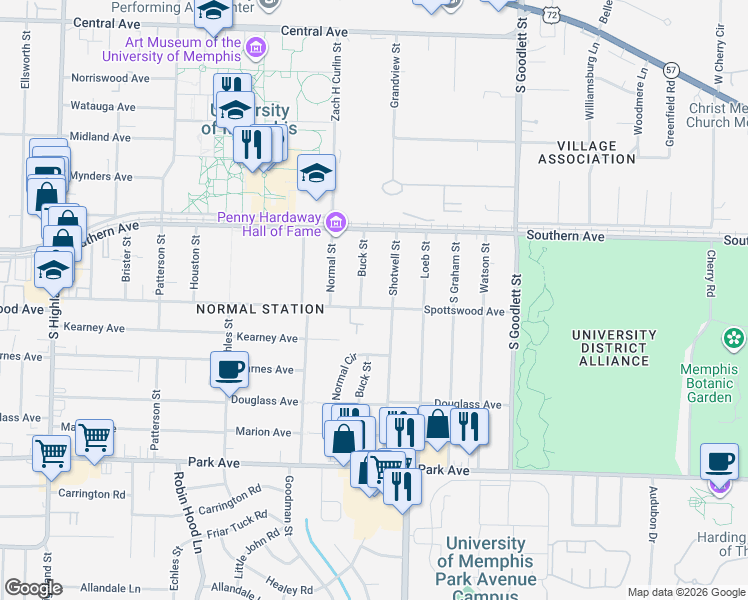 map of restaurants, bars, coffee shops, grocery stores, and more near 3892 Spottswood Avenue in Memphis