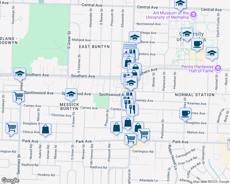 map of restaurants, bars, coffee shops, grocery stores, and more near 3445 Pruett Court in Memphis