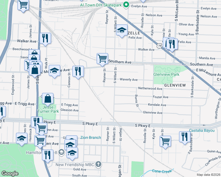 map of restaurants, bars, coffee shops, grocery stores, and more near in Memphis