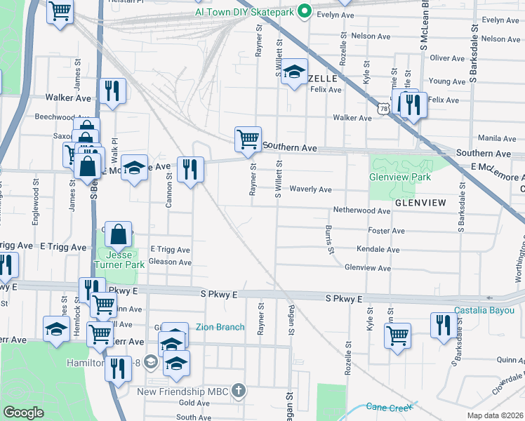 map of restaurants, bars, coffee shops, grocery stores, and more near 1511 Netherwood Avenue in Memphis