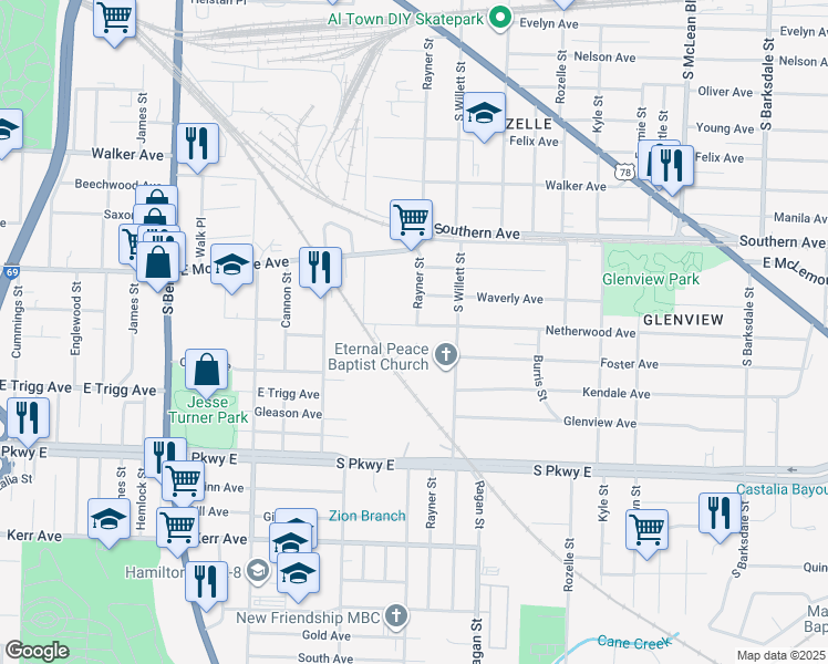 map of restaurants, bars, coffee shops, grocery stores, and more near 1511 Netherwood Avenue in Memphis