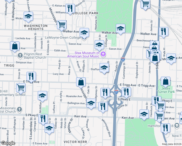 map of restaurants, bars, coffee shops, grocery stores, and more near 1228 Neptune Street in Memphis