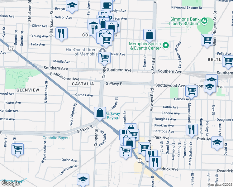 map of restaurants, bars, coffee shops, grocery stores, and more near 2186 Carnes Avenue in Memphis