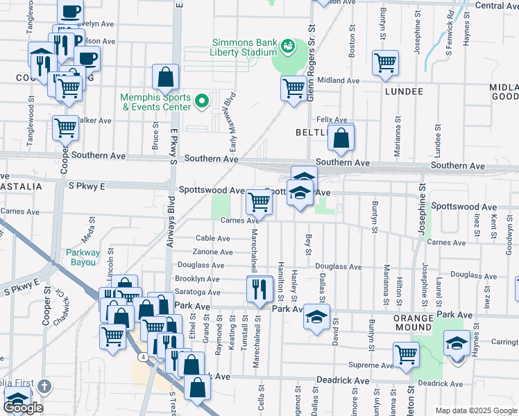 map of restaurants, bars, coffee shops, grocery stores, and more near 692 Marechalneil Street in Memphis