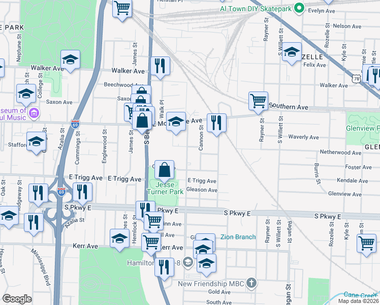 map of restaurants, bars, coffee shops, grocery stores, and more near 1210 Wilson Street in Memphis