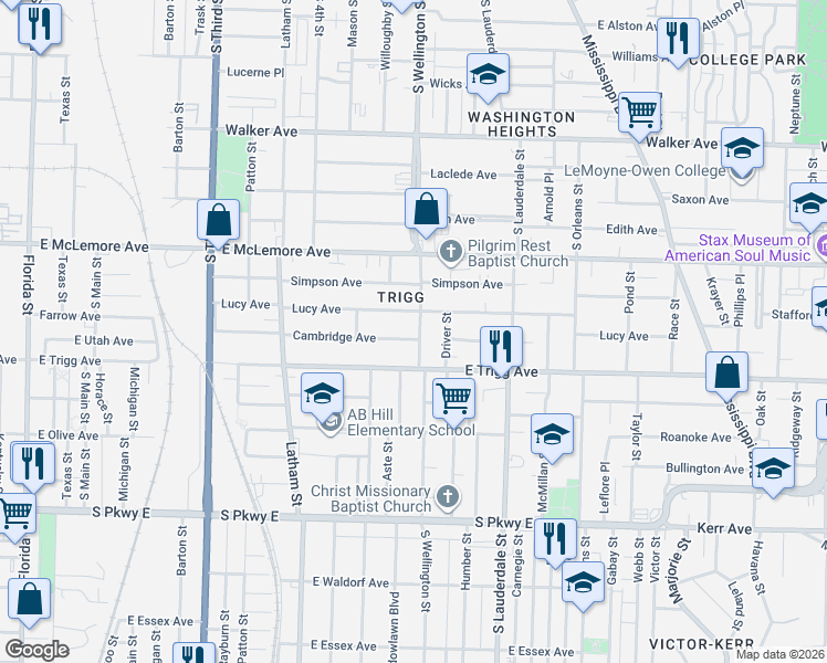 map of restaurants, bars, coffee shops, grocery stores, and more near 426 Cambridge Avenue in Memphis