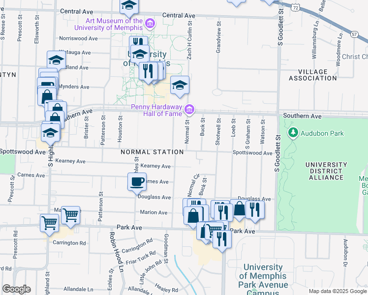 map of restaurants, bars, coffee shops, grocery stores, and more near 3842 Spottswood Avenue in Memphis