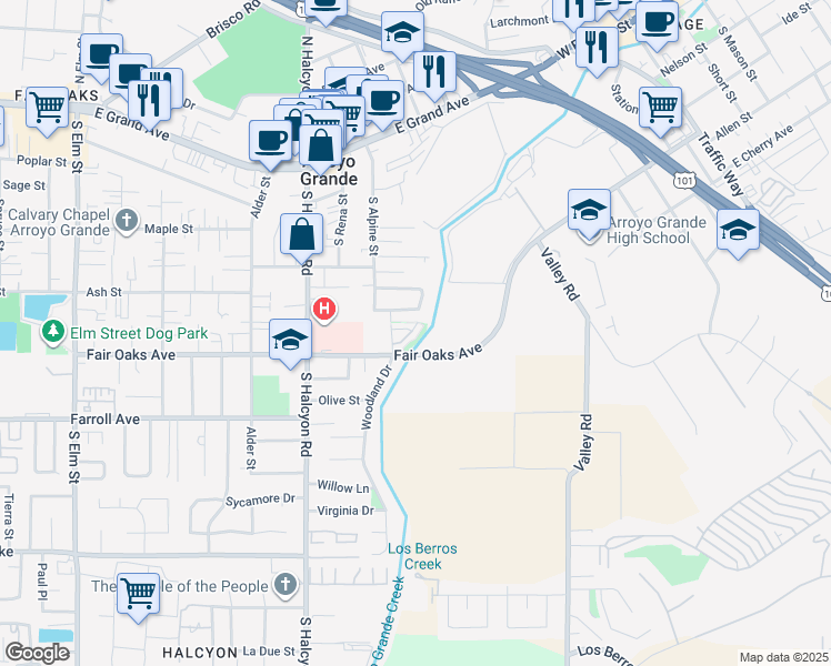 map of restaurants, bars, coffee shops, grocery stores, and more near 303 Creekview Court in Arroyo Grande