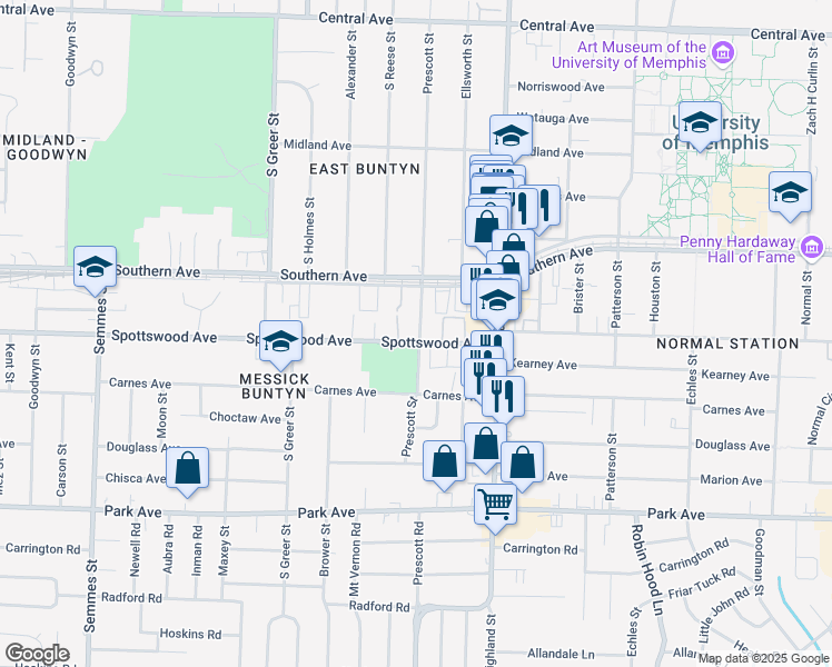 map of restaurants, bars, coffee shops, grocery stores, and more near 3400 Spottswood Avenue in Memphis