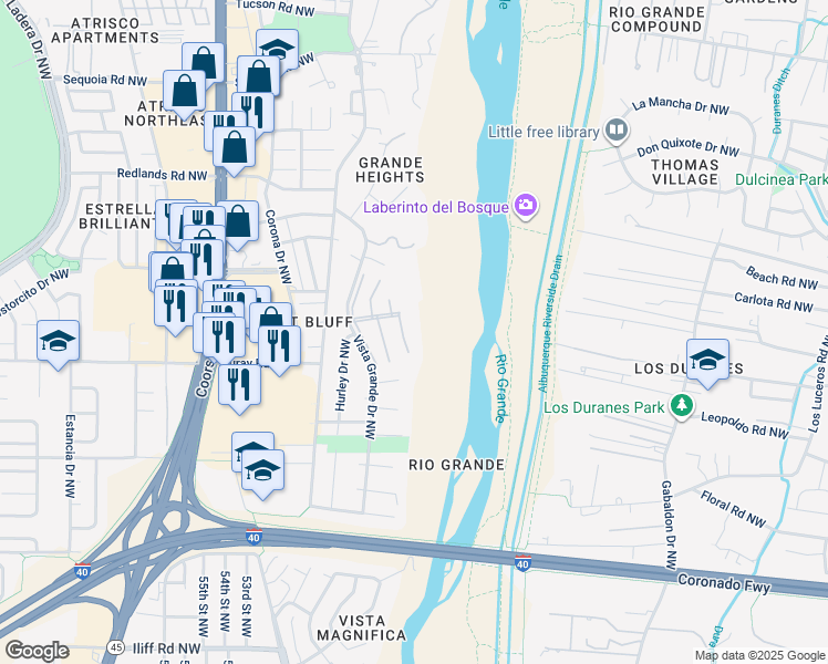 map of restaurants, bars, coffee shops, grocery stores, and more near 99999 Josephine Lane in Albuquerque