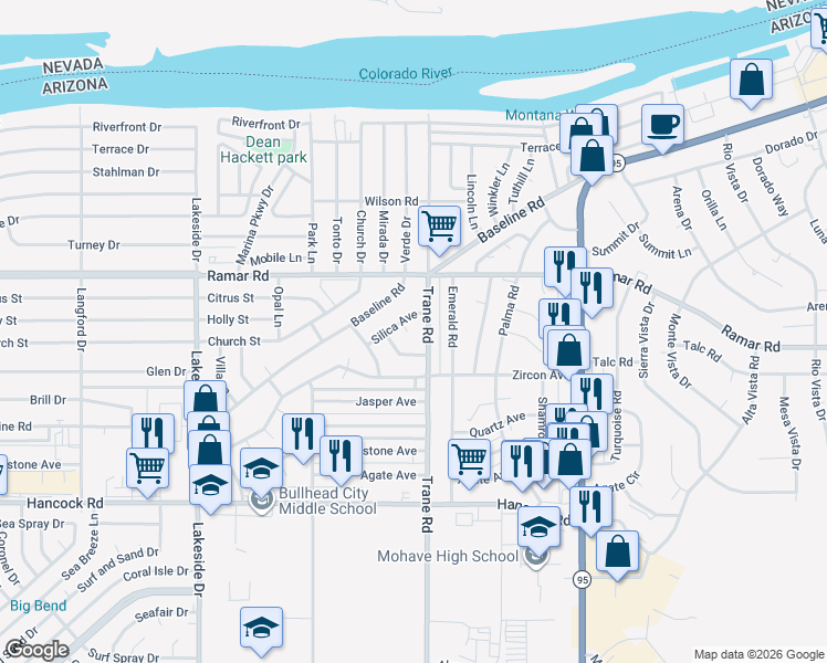 map of restaurants, bars, coffee shops, grocery stores, and more near 1228 Silica Circle in Bullhead City