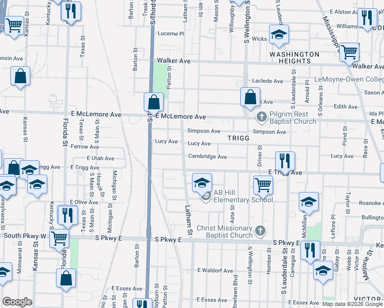 map of restaurants, bars, coffee shops, grocery stores, and more near 340 Cambridge Avenue in Memphis