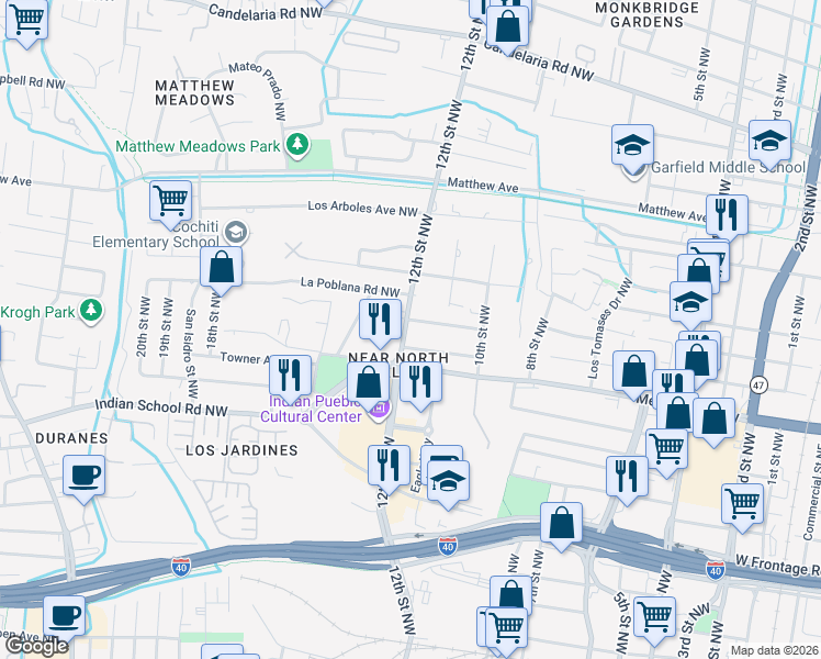 map of restaurants, bars, coffee shops, grocery stores, and more near 1124 La Poblana Road Northwest in Albuquerque
