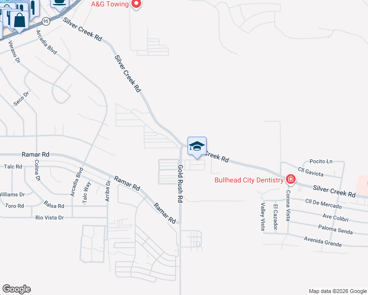 map of restaurants, bars, coffee shops, grocery stores, and more near 1509 Gold Rush Road in Bullhead City