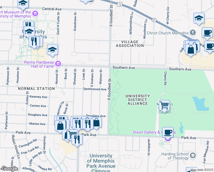map of restaurants, bars, coffee shops, grocery stores, and more near 651 South Goodlett Street in Memphis