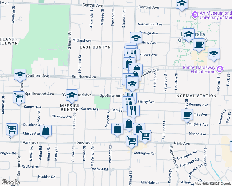 map of restaurants, bars, coffee shops, grocery stores, and more near 3445 Pruett Court in Memphis